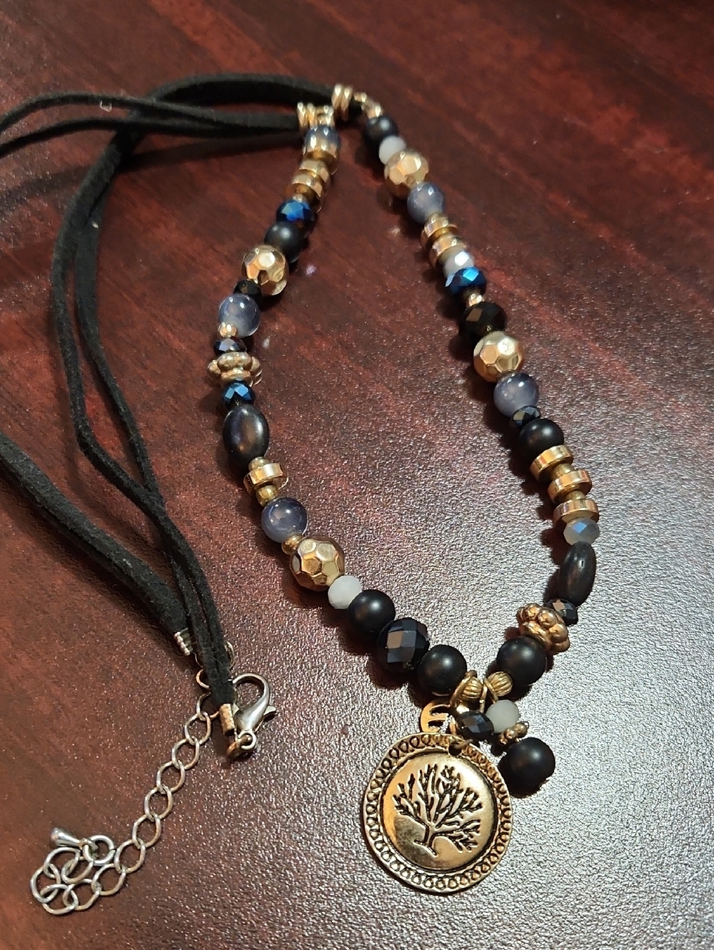 Gold and Black Beaded Tree Pendant Necklace - Women Jewelry